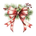An elegant watercolor bow in a classic Christmas setting with pine and berries