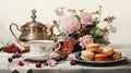 Elegant watercolor composition of a tea party spread, complete with teapot, cups