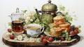 Elegant watercolor composition of a tea party spread, complete with teapot, cups