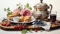 Elegant watercolor composition of a tea party spread, complete with teapot, cups