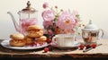 Elegant watercolor composition of a tea party spread, complete with teapot, cups