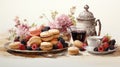 Elegant watercolor composition of a tea party spread, complete with teapot, cups