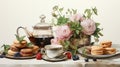 Elegant watercolor composition of a tea party spread, complete with teapot, cups