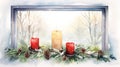 Elegant Watercolor Frosty Window Pane with Christmas Wreath and Glowing Candlelight AI Generated