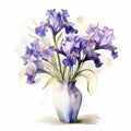 Elegant Watercolor Illustration Of Purple Iris Flowers In A Vase Royalty Free Stock Photo