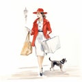 Elegant Watercolor Illustration Of Woman In Red Coat With Shopping Bags And Dogs
