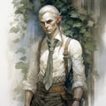 Elegant Watercolor Painting Of A 300-year-old Elven Butler In Suspenders