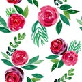 Elegant watercolor roses and twigs seamless pattern on white background Royalty Free Stock Photo