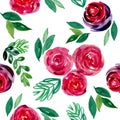 Elegant watercolor roses and twigs seamless pattern on white background Royalty Free Stock Photo