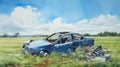 Elegant Watercolor Still-life: Crashed Car In Grassy Field