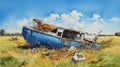 Elegant Watercolor Still-life: Crashed Ferry In Grassy Field