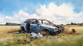 Elegant Watercolor Still-life: Crashed Police Car In Grassy Field