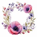 Elegant Watercolor Wreath Of Pink And Purple Poppies