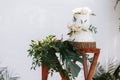 Elegant wedding cake with flowers and succulents. Two-tiered white wedding cake with floral on a wooden table Royalty Free Stock Photo