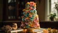 Elegant wedding cake with ornate decoration and fresh flower accents generated by AI Royalty Free Stock Photo