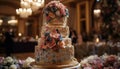 Elegant wedding cake with ornate decoration and fresh strawberry bouquet generated by AI