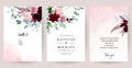 Elegant wedding cards with pink watercolor texture and spring flowers Royalty Free Stock Photo