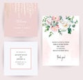 Elegant wedding cards with pink watercolor texture and spring flowers Royalty Free Stock Photo