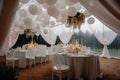 An elegant wedding celebration with white dacor and luxurious lighting creating a romantic and formal atmosphere