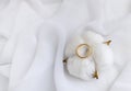 Elegant wedding concept. Golden ring with cotton flower pillow on white silk background.