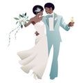 Elegant wedding couple dancing funk, soul or disco music. Bride wearing long dress, bouquet, and flowers on head, groom wearing Royalty Free Stock Photo