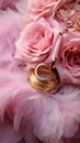 Elegant wedding dacor featuring gold rings, Eustoma roses, and light pink feathers Royalty Free Stock Photo