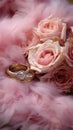 Elegant wedding dacor featuring gold rings, Eustoma roses, and light pink feathers Royalty Free Stock Photo