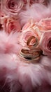 Elegant wedding dacor featuring gold rings, Eustoma roses, and light pink feathers Royalty Free Stock Photo