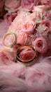 Elegant wedding dacor featuring gold rings, Eustoma roses, and light pink feathers Royalty Free Stock Photo