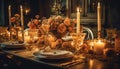 Elegant wedding dinner Candlelight, silverware, wine, romance generated by AI Royalty Free Stock Photo