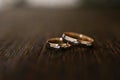 Elegant wedding engagement rings in white and yellow gold on brown chocolate wooden background, close-up