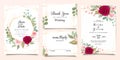 Elegant wedding invitation card template set with burgundy and peach rose flowers. Cards with floral, gold line, and glitter for