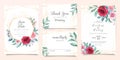 Elegant wedding invitation card template set with burgundy and peach watercolor flowers. Abstract background of floral and glitter
