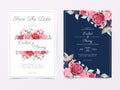 Elegant wedding invitation card template set with floral frame and border decoration. Garden roses and peonies cards background