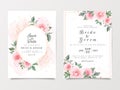 Elegant wedding invitation card template set with gold floral frame and watercolor, glitter. Botanic roses and leaves illustration Royalty Free Stock Photo