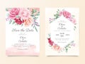 Elegant wedding invitation card template set with soft watercolor flowers decoration. Floral illustration background of peach