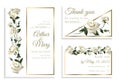 Elegant wedding invitation card template set with white roses, golden border and greenery Royalty Free Stock Photo