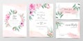 Elegant wedding invitation cards template with watercolor floral decoration. Floral frame and golden watercolor textured