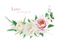 Elegant wedding invitation, save the date, love greeting card. Pink peony, cream white rose flowers, greenery leaves bouquet.
