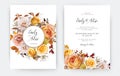 Elegant wedding invite, save the date card template set. Vector watercolor illustration. Yellow, peach, orange autumn garden rose Royalty Free Stock Photo