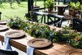 Reception room with decorated tables for the wedding party Royalty Free Stock Photo