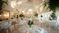 Elegant Banquet Hall, Wedding Reception Setup with White Tables, Chairs, and Chandeliers Royalty Free Stock Photo