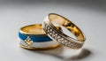 Wedding Rings in White and Blue Harmony on a White Background Royalty Free Stock Photo