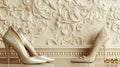 Elegant Pearl Embellished High Heels on Cream Ornate Background, Bridal Shoes Royalty Free Stock Photo