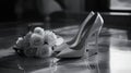 Elegant White Wedding Heels and Roses on Reflective Surface Royalty Free Stock Photo