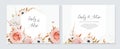 Elegant wedding vector invite. Golden, floral geometrical frame. Peach pink, white rose, anemone flowers, fall leaves, orange fern Royalty Free Stock Photo