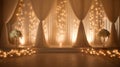 An elegant wedding venue golden color lights and white blinds HD wall mockup