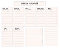 Elegant weekly planner template. Isolated organizer and schedule with notes and to do list for each day. Vector Royalty Free Stock Photo