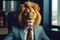 Elegant well-dressed lion as businessman in business office, generative ai