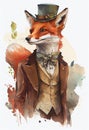 Elegant well dressed red fox vintage style watercolour